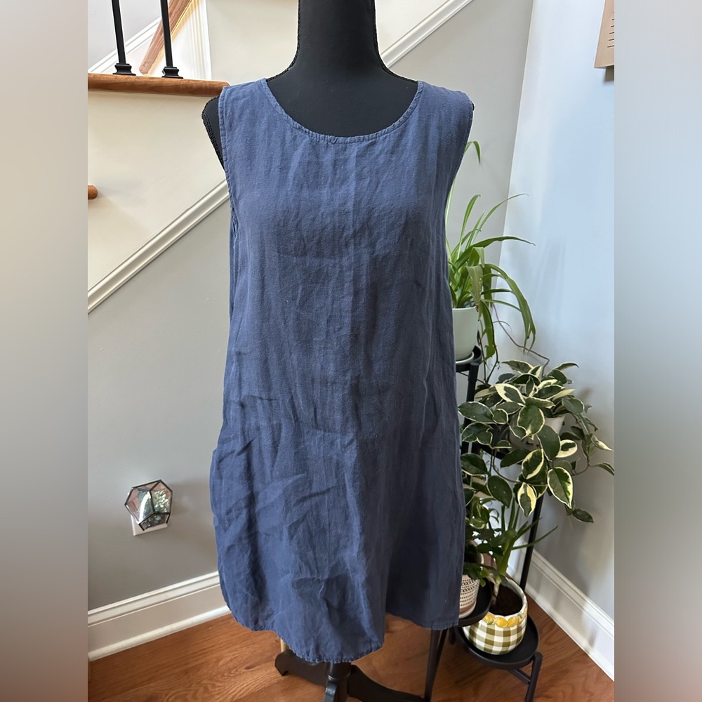Navy Blue Sleeveless Linen Dress with Pockets Made in Italy